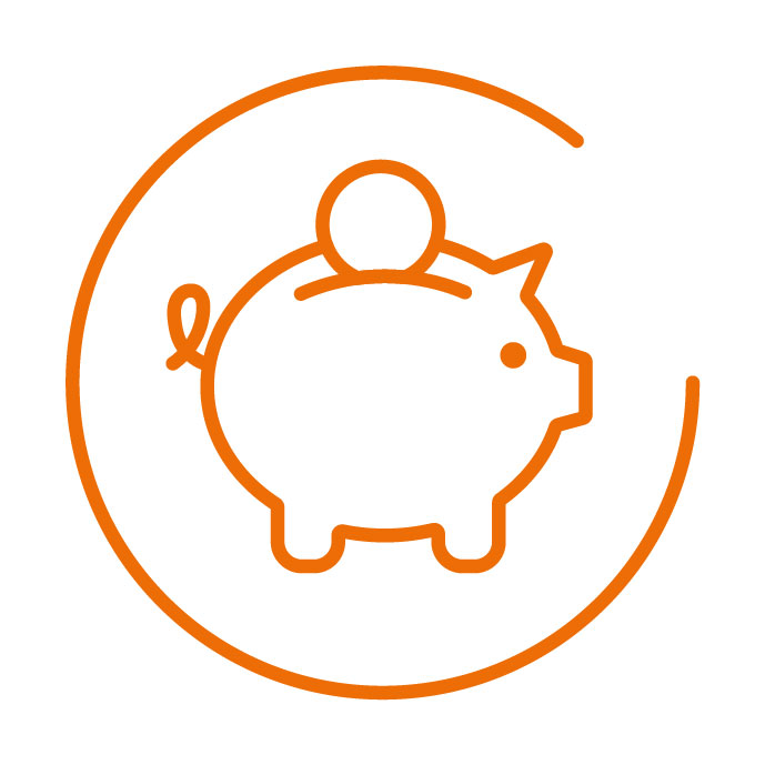 Das Symbol für Leistungsbewertung und Prämiensystem ist ein Sparrschwein mit einer Münze in einem Halbkreis.